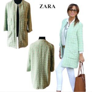 Zara Basic Jacquard Blazer in Mint Green with Open Front & Patch Pockets Size L